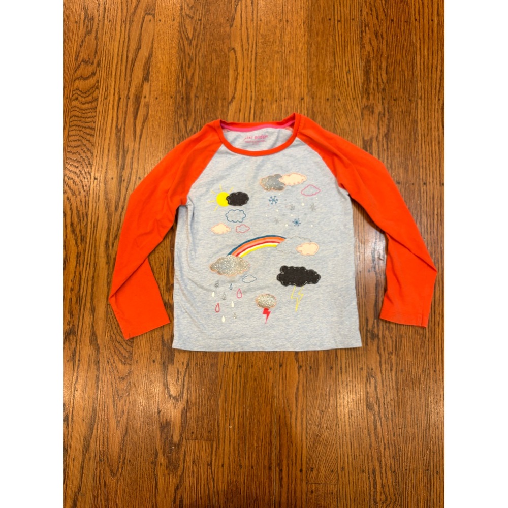 Mini Boden Kids Weather Rainbow Sequin Raglan Long Sleeve Shirt Blue Orange 6-7Y